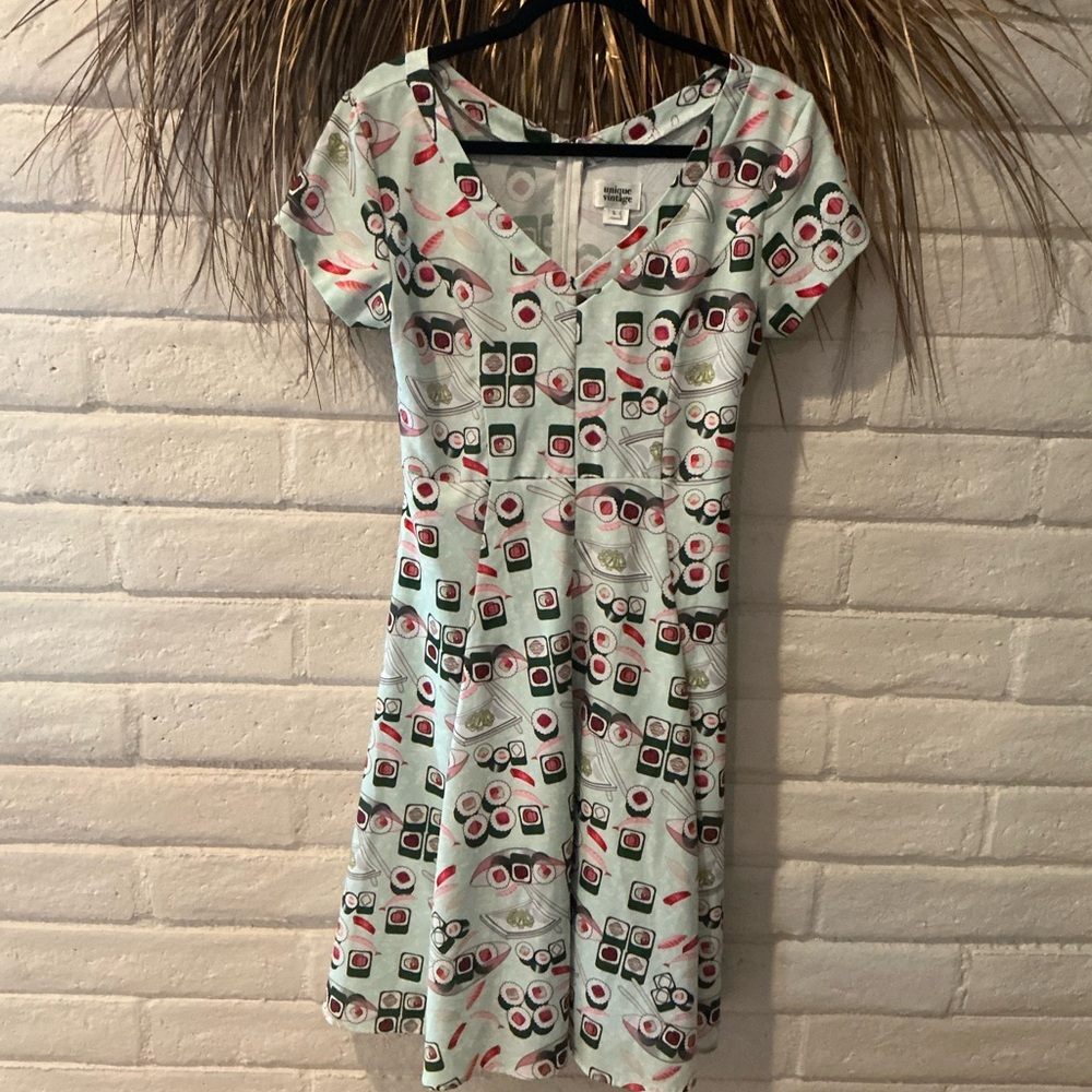 Unique Vintage Sushi Print Dress in Green and Pink